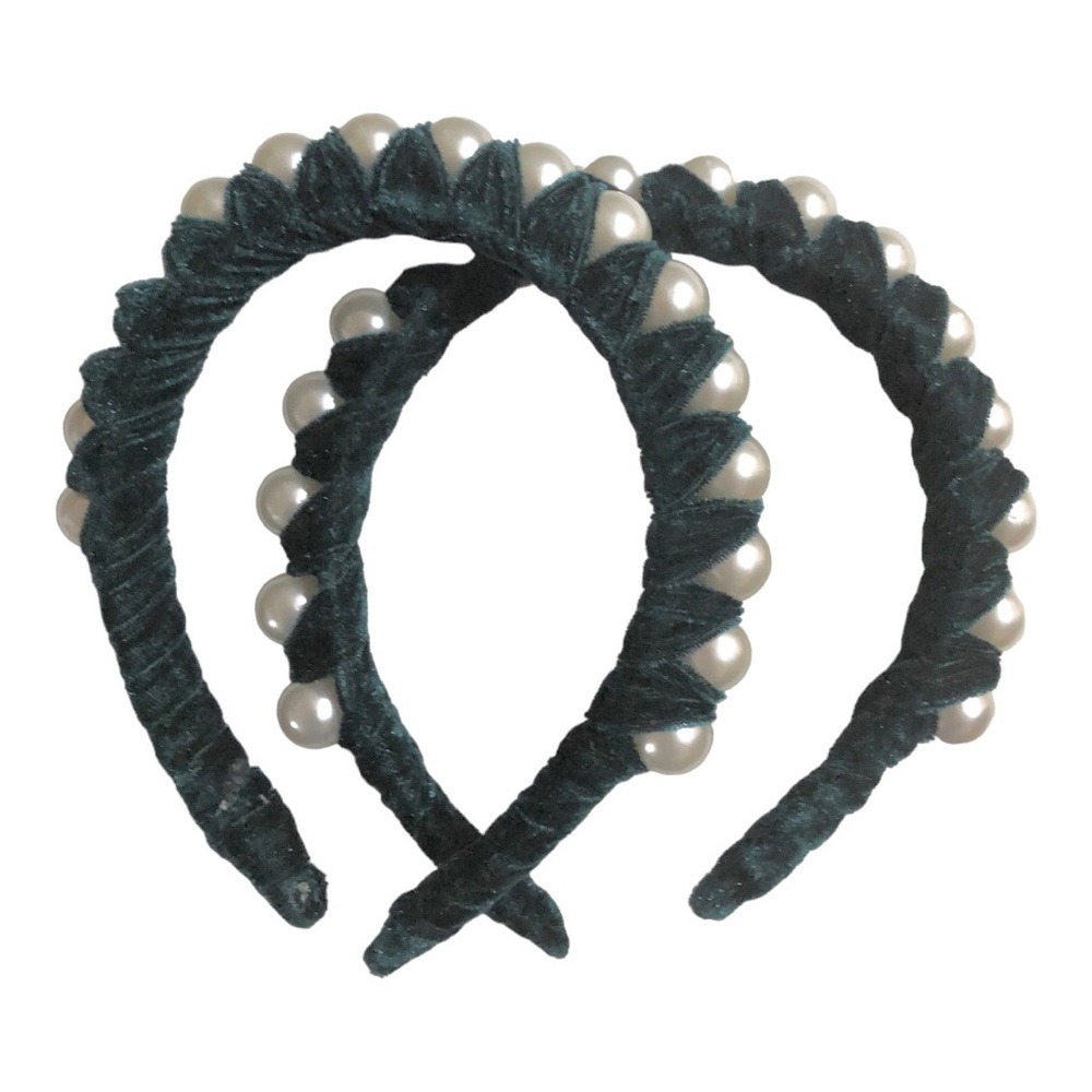 2 pack Green velvet oversized pearl adorned embellished headband new - Picture 5 of 11